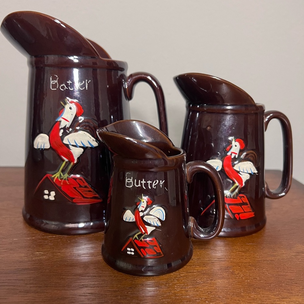 Vintage Redware Rooster Pancake Pitcher Set